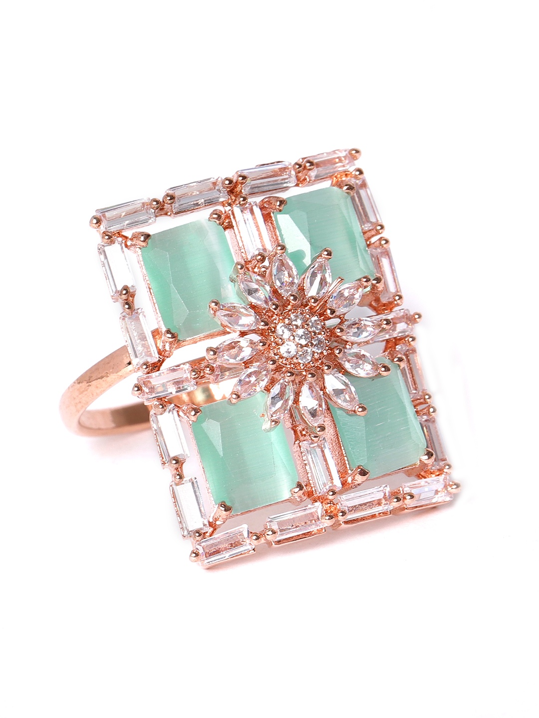 

JEWELS GEHNA Sea Green Rose Gold-Plated CZ Studded Handcrafted Adjustable Finger Ring