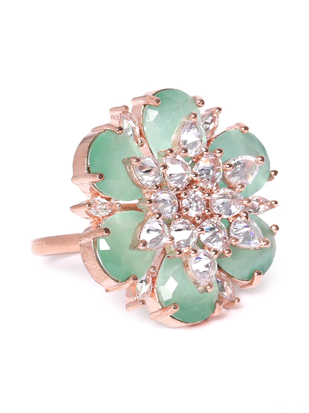 

JEWELS GEHNA Sea Green Rose Gold-Plated AD-Studded Handcrafted Adjustable Floral Ring