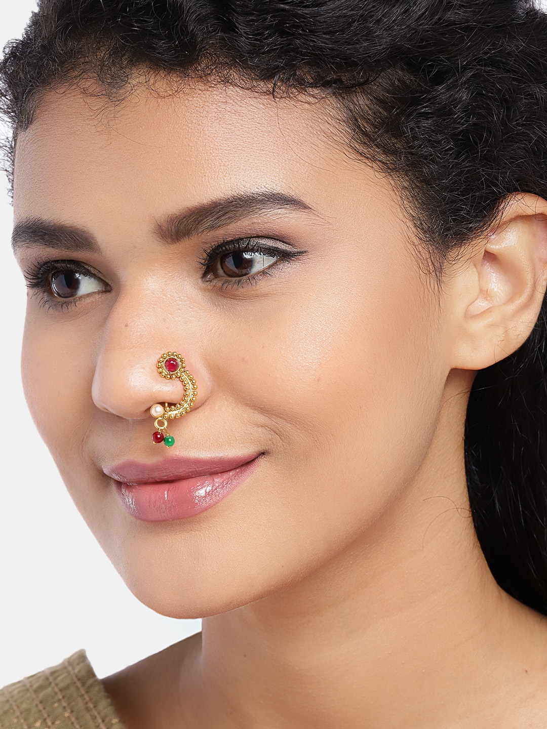 

JEWELS GEHNA Maroon Antique Gold-Plated CZ-Studded & Beaded Marathi Nose Pin