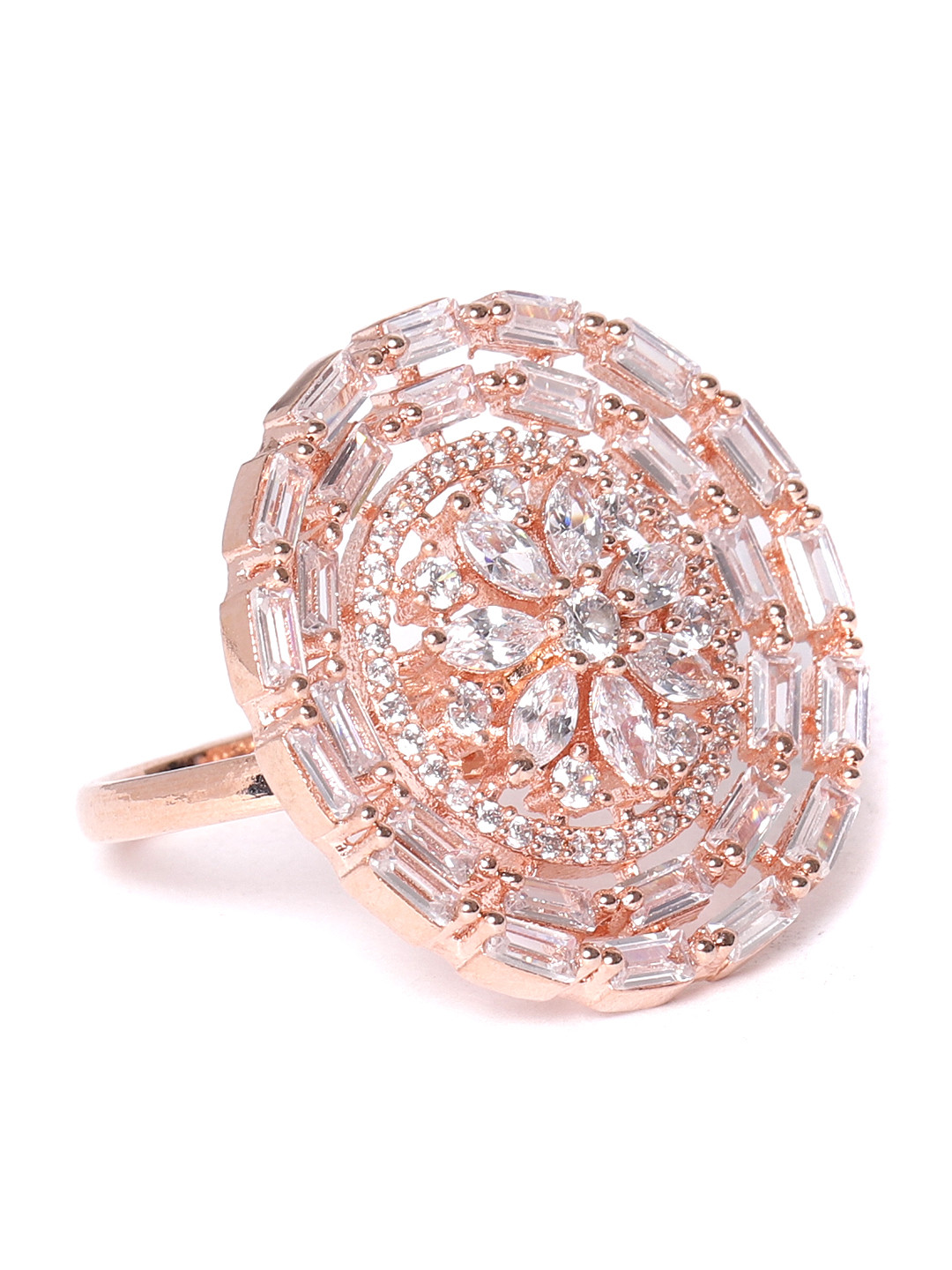 

JEWELS GEHNA Pink Rose Gold-Plated AD-Studded Handcrafted Adjustable Circular Finger Ring