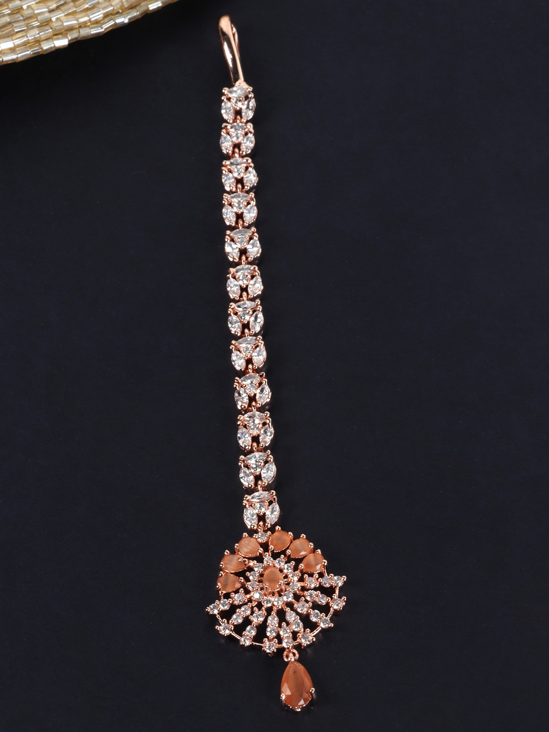 

JEWELS GEHNA Peach-Coloured Rose Gold-Plated CZ Stone-Studded Handcrafted Maang Tika