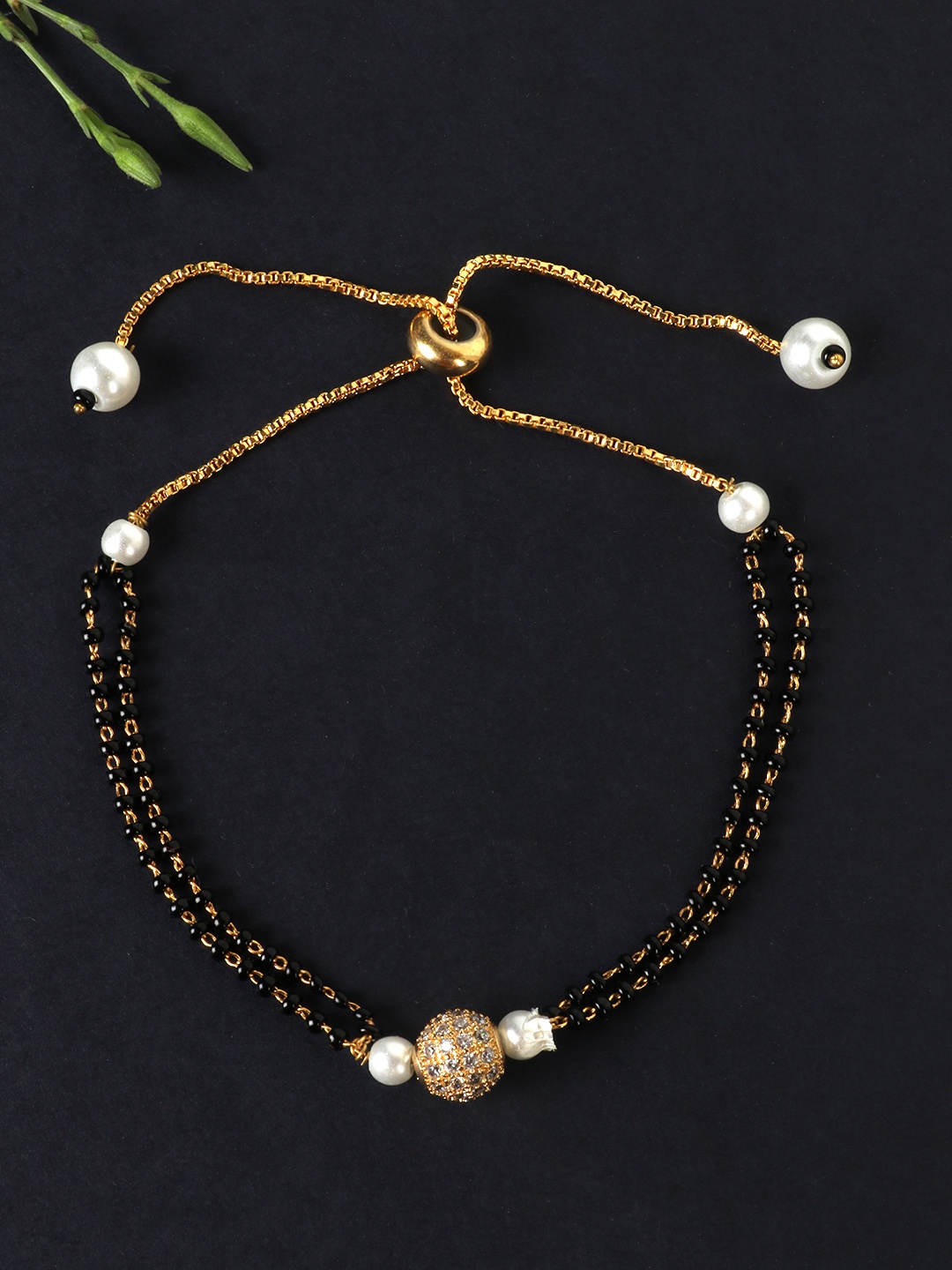 

JEWELS GEHNA Black & White Gold-Plated Beaded & AD-Studded Mangalsutra Bracelet