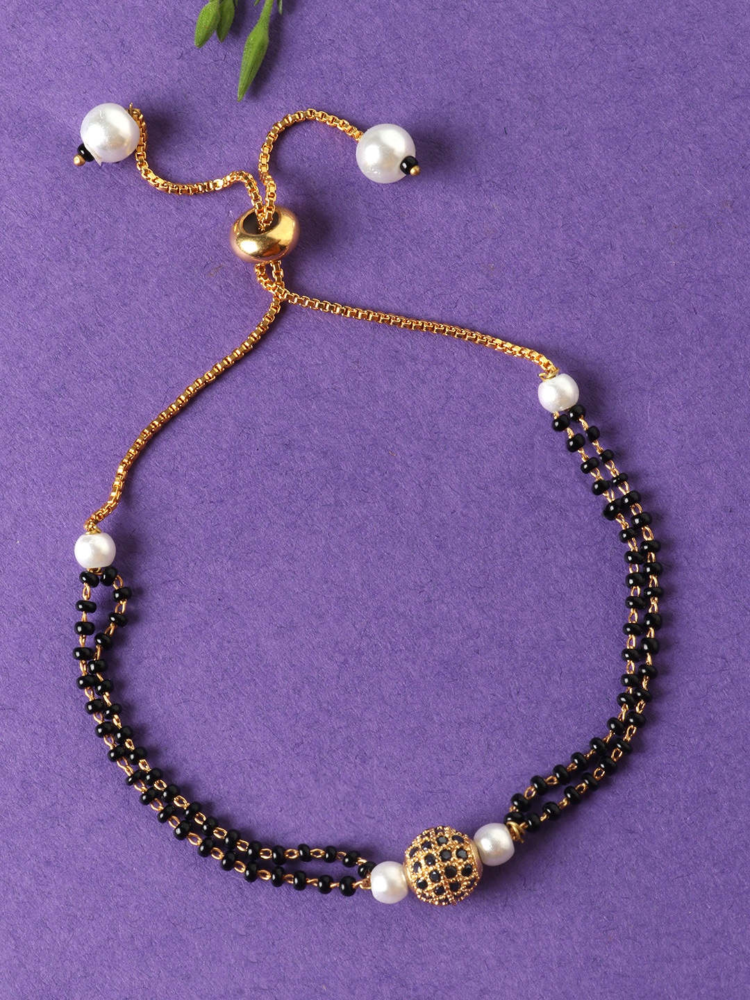 

JEWELS GEHNA Black & White Gold-Plated Beaded & AD-Studded Mangalsutra Bracelet
