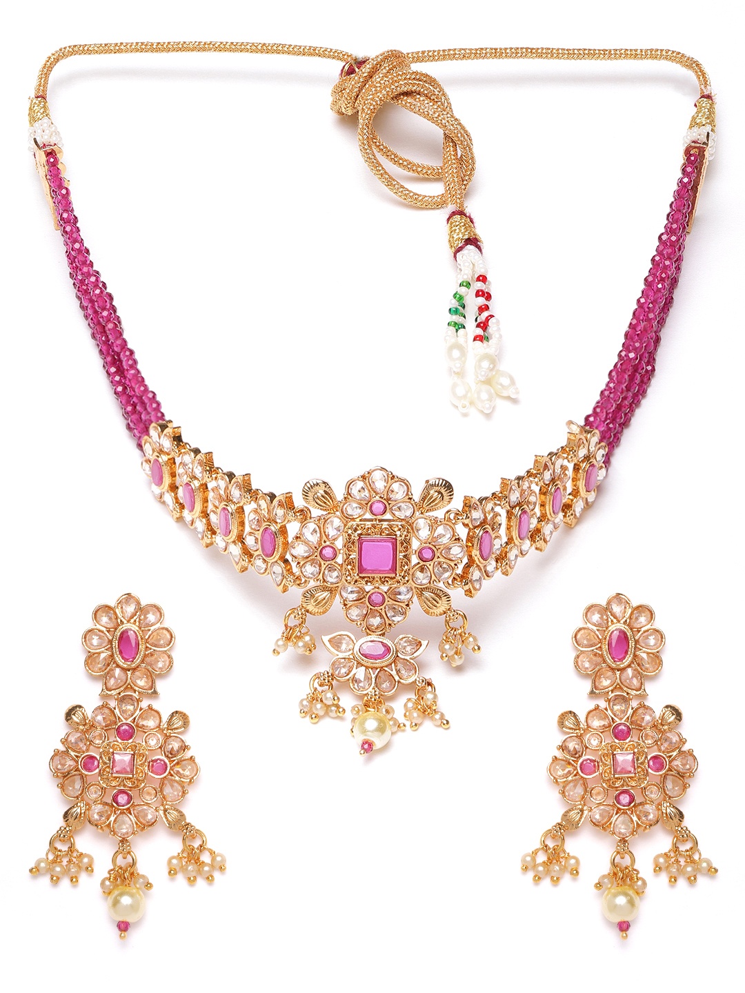 

JEWELS GEHNA Pink Gold-Plated AD-Studded & Beaded Handcrafted Jewellery Set
