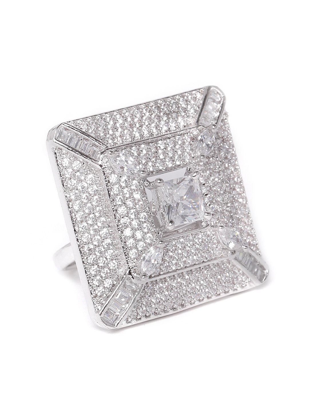 

JEWELS GEHNA Silver-Plated AD-Studded Handcrafted Adjustable Square Ring