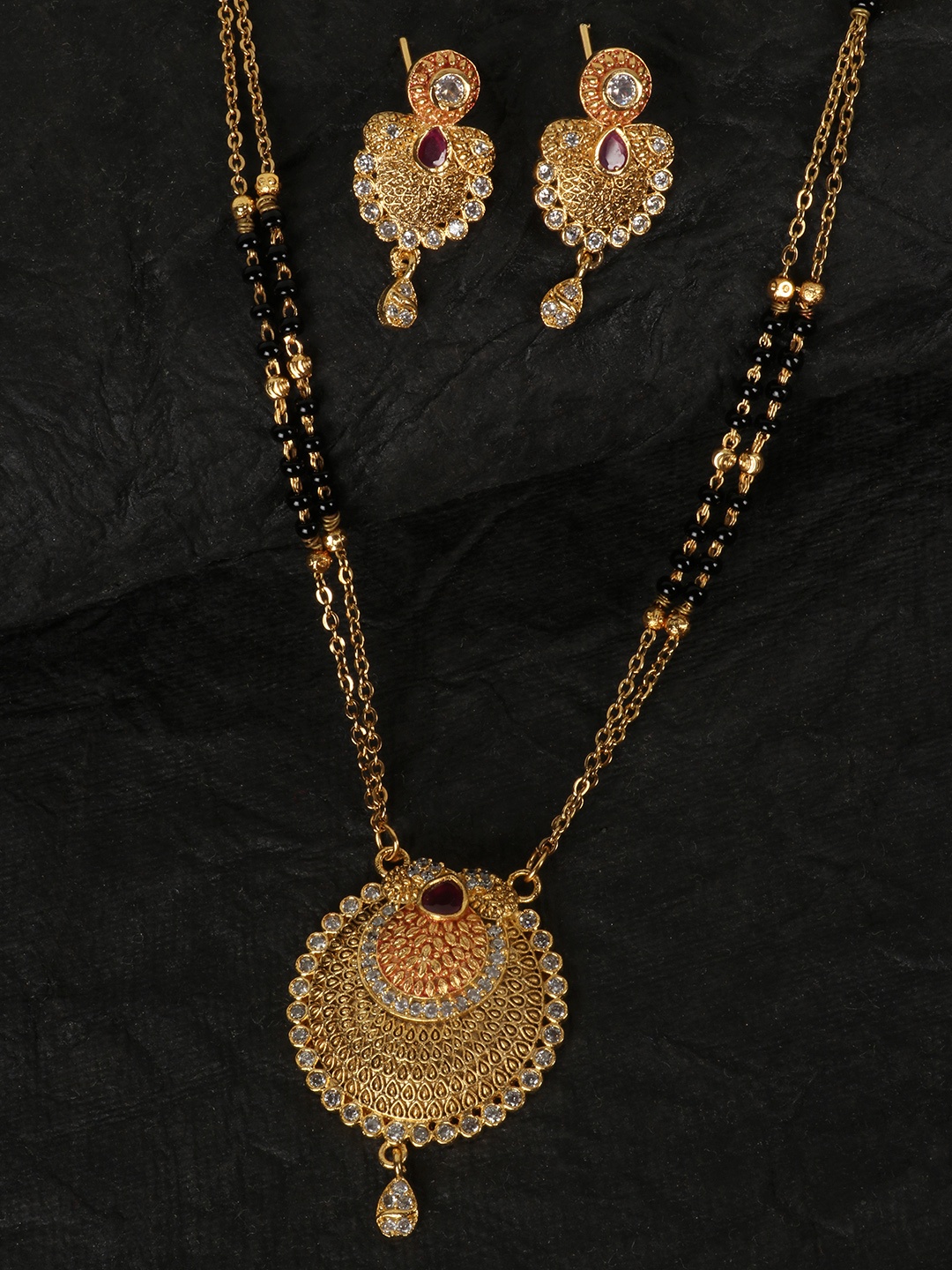 

JEWELS GEHNA Black & Pink Gold-Plated AD-Studded & Beaded Mangalsutra & Earrings Set