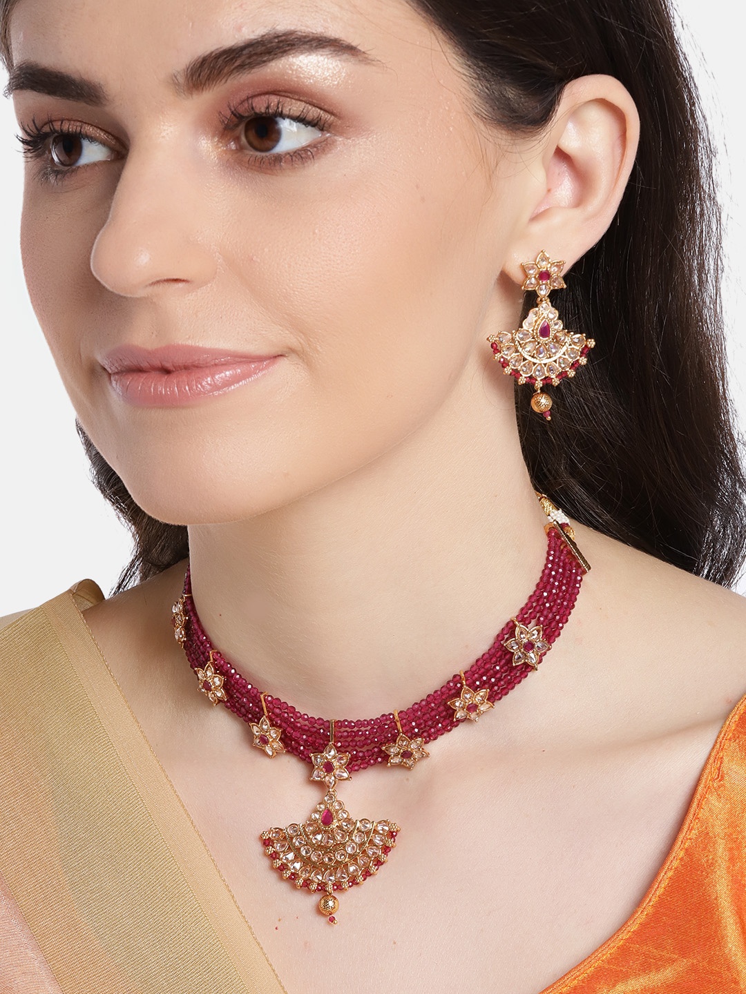 

JEWELS GEHNA Magenta Gold-Plated Beaded Stone-Studded Handcrafted Jewellery Set