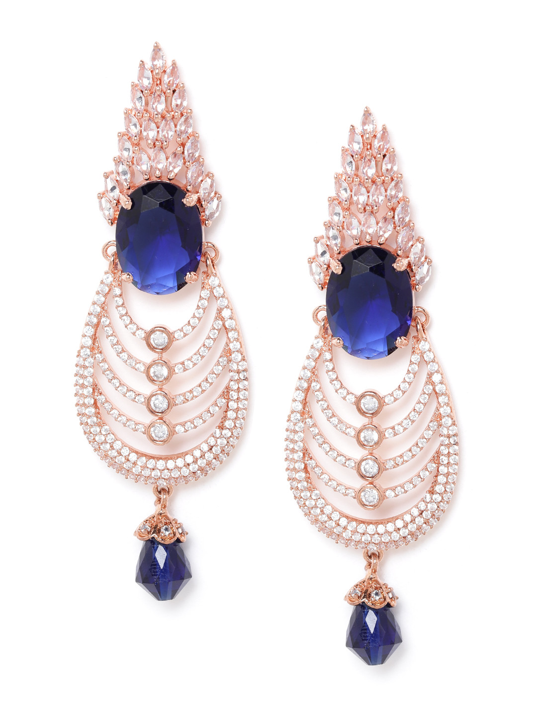 

JEWELS GEHNA Navy Blue Rose Gold-Plated AD Studded Beaded Handcrafted Oval Drop Earrings
