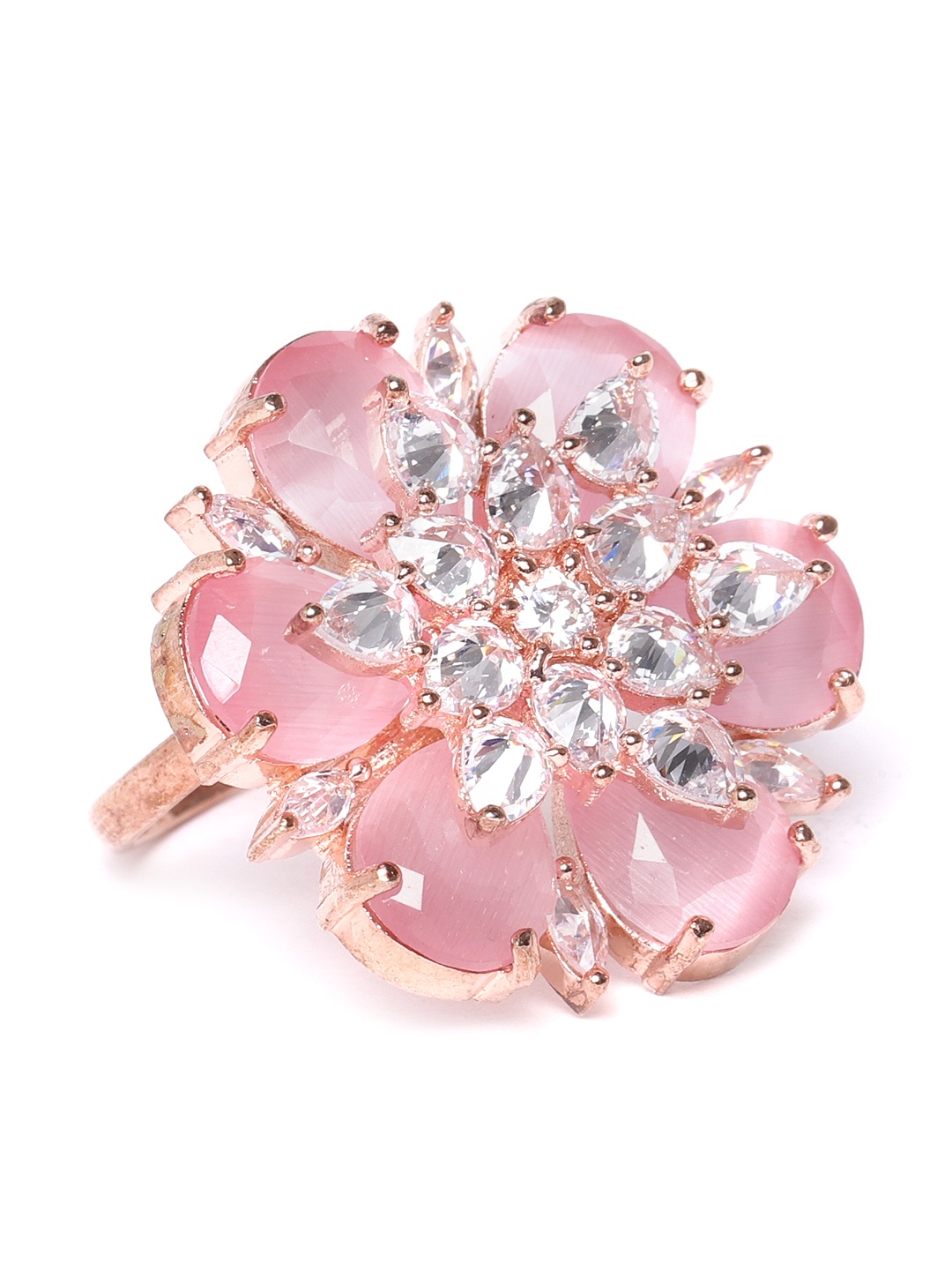 

JEWELS GEHNA Women Pink Rose Gold Plated AD Studded Handcrafted Adjustable Finger Ring