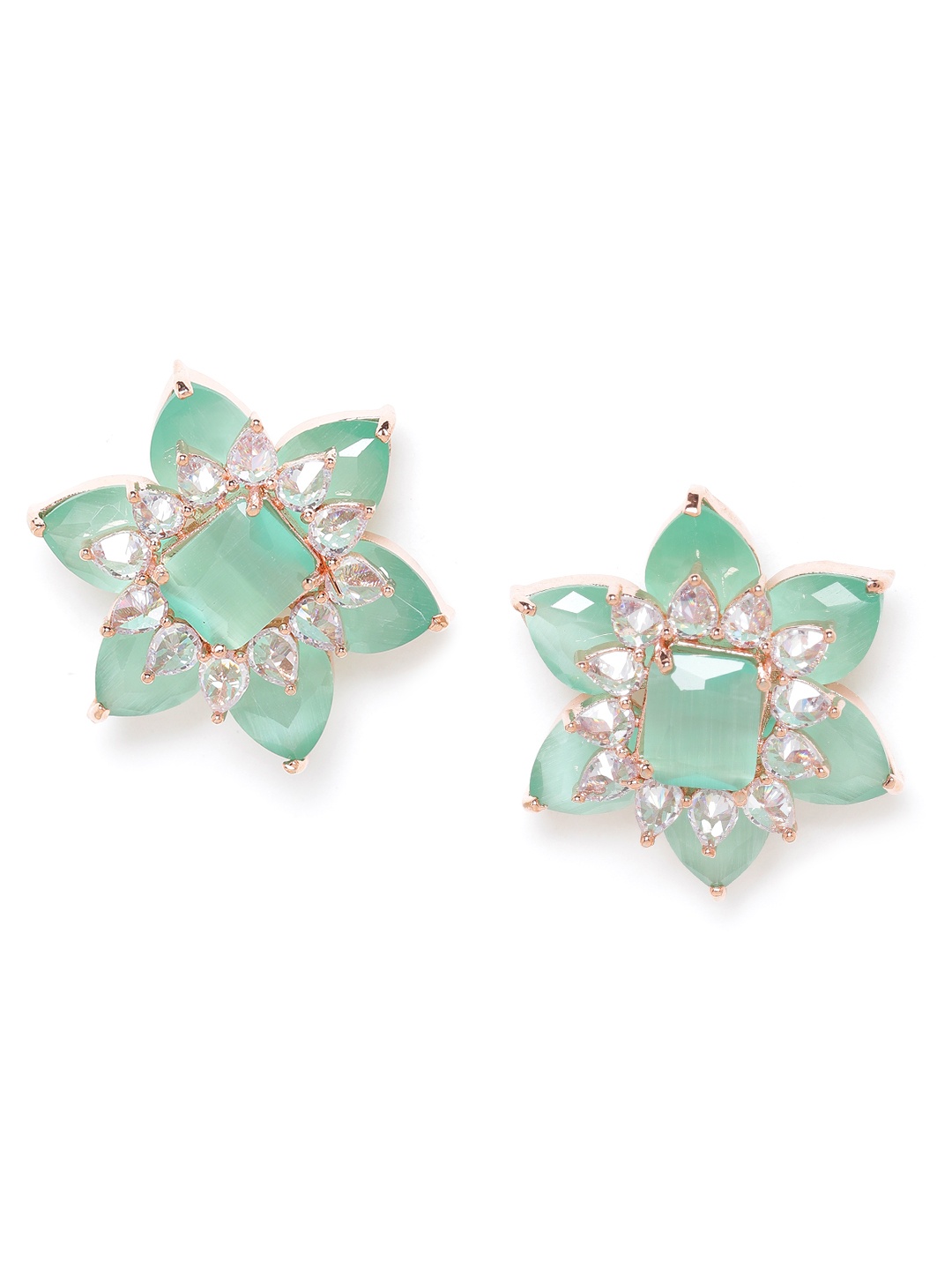 

JEWELS GEHNA Green Rose Gold-Plated AD Studded Handcrafted Floral Studs