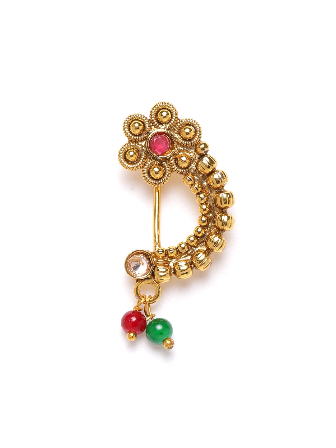

JEWELS GEHNA Maroon Antique Gold-Plated Stone-Studded & Beaded Marathi Nose Pin