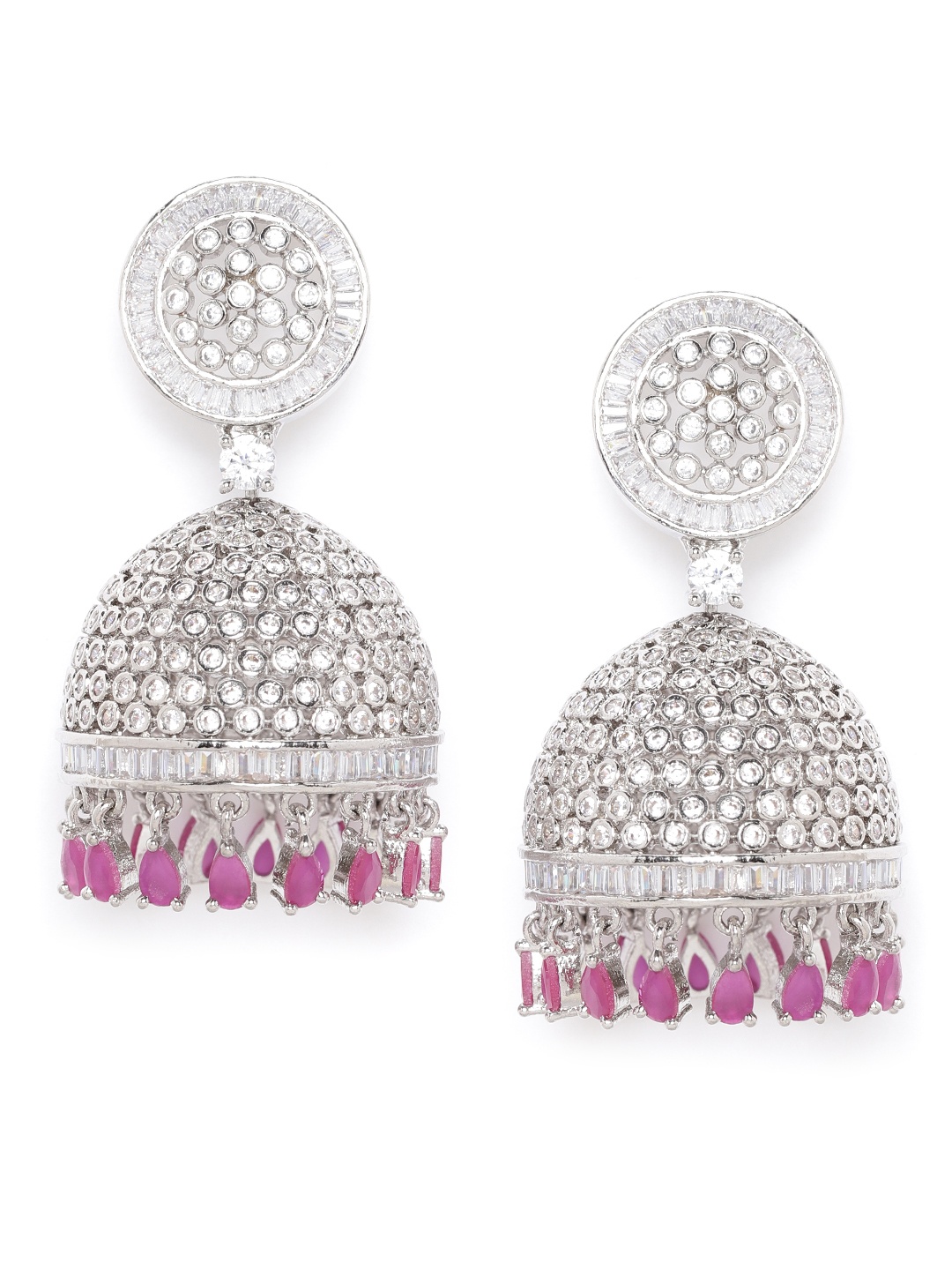 

JEWELS GEHNA Pink Silver-Plated AD Studded Handcrafted Dome Shaped Jhumkas