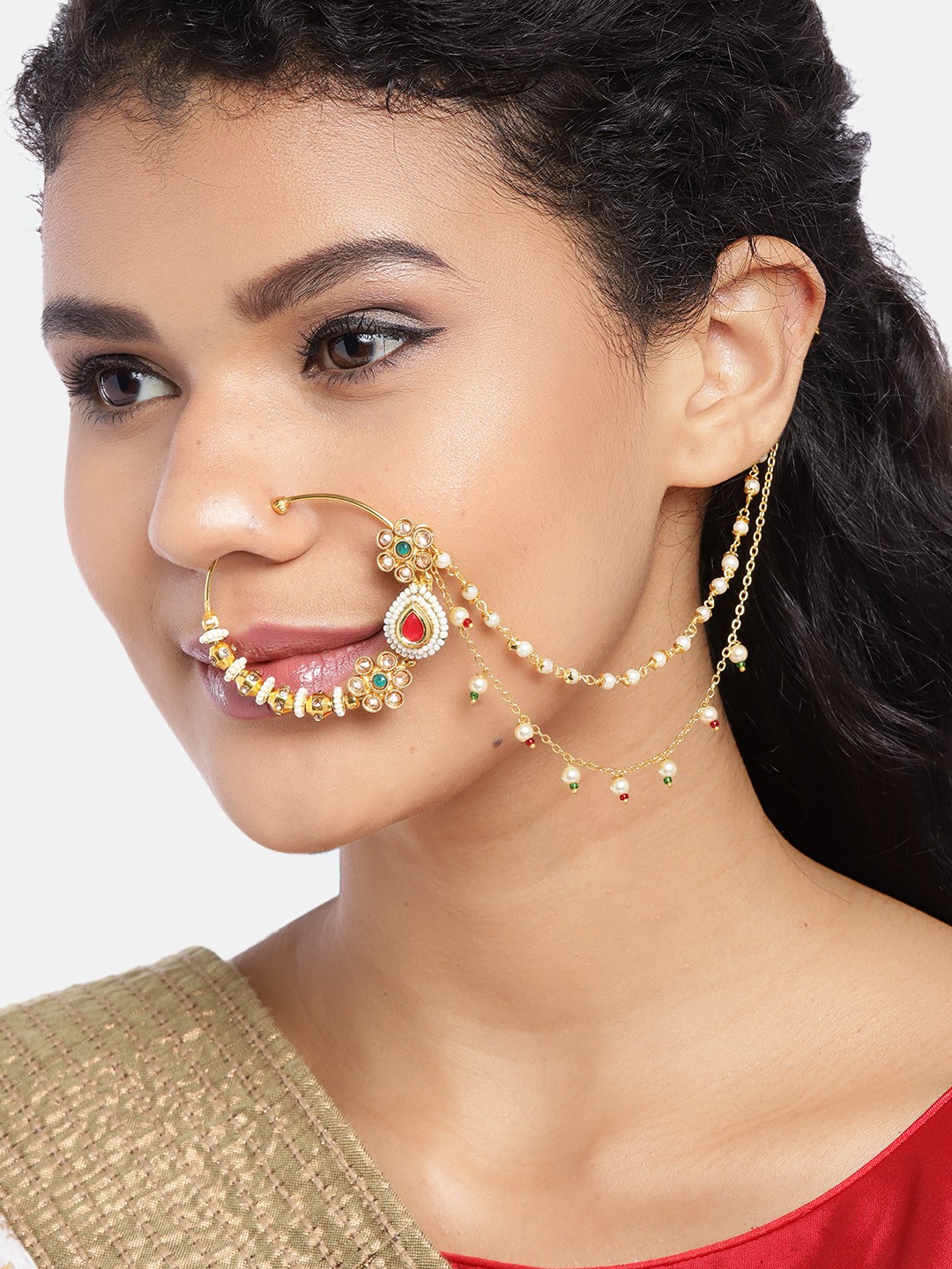 

JEWELS GEHNA Red & Green Gold-Plated Stone-Studded Nose Ring with Beaded Chain