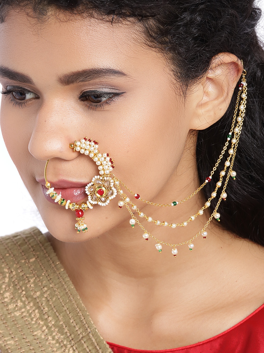 

JEWELS GEHNA Red & Green Gold-Plated Stone-Studded Nose Ring with Beaded Chain
