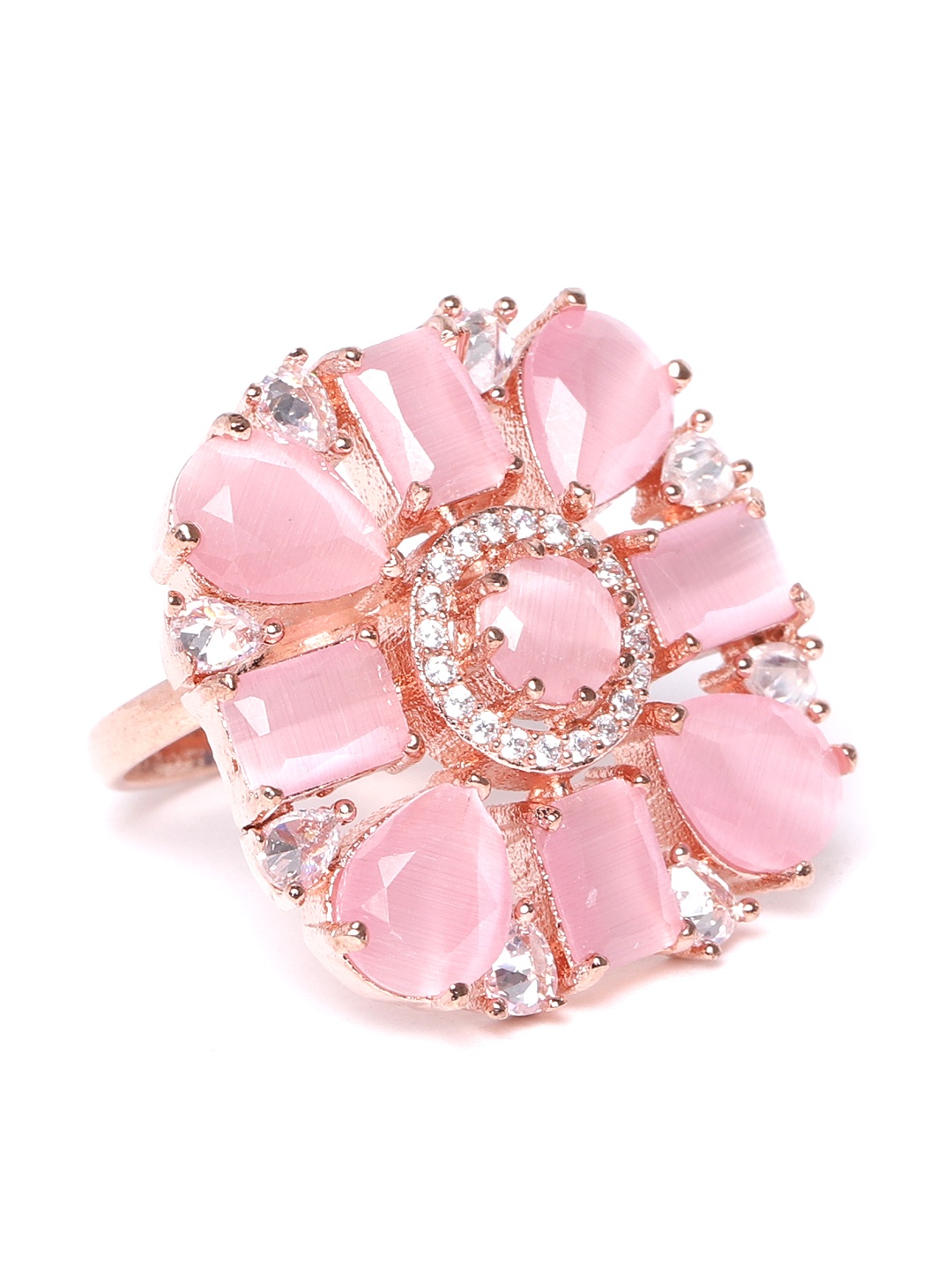 

JEWELS GEHNA Women Pink Rose Gold Plated AD Studded Handcrafted Adjustable Finger Ring