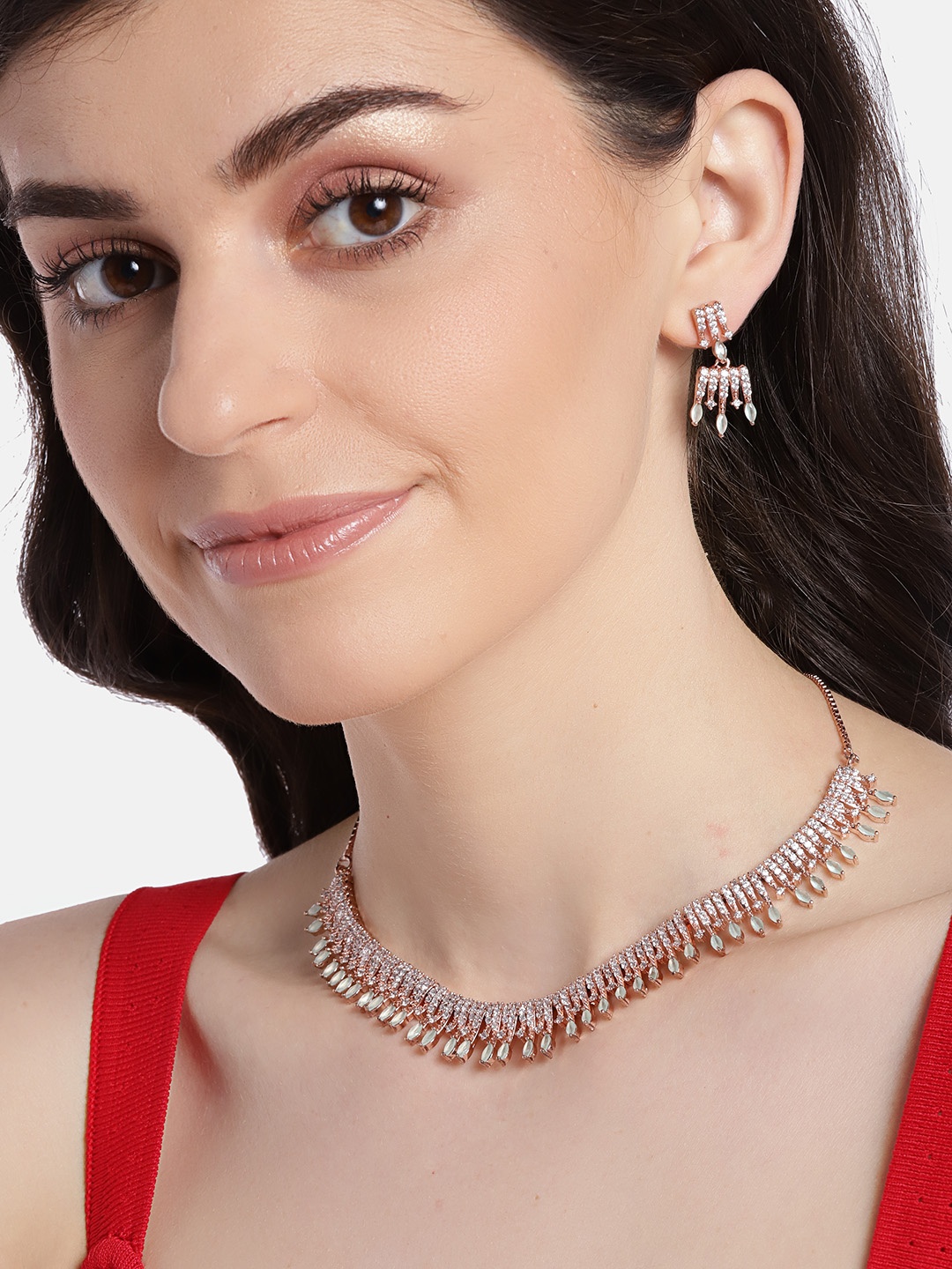 

JEWELS GEHNA Sea Green Rose Gold-Plated AD-Studded Handcrafted Jewellery Set