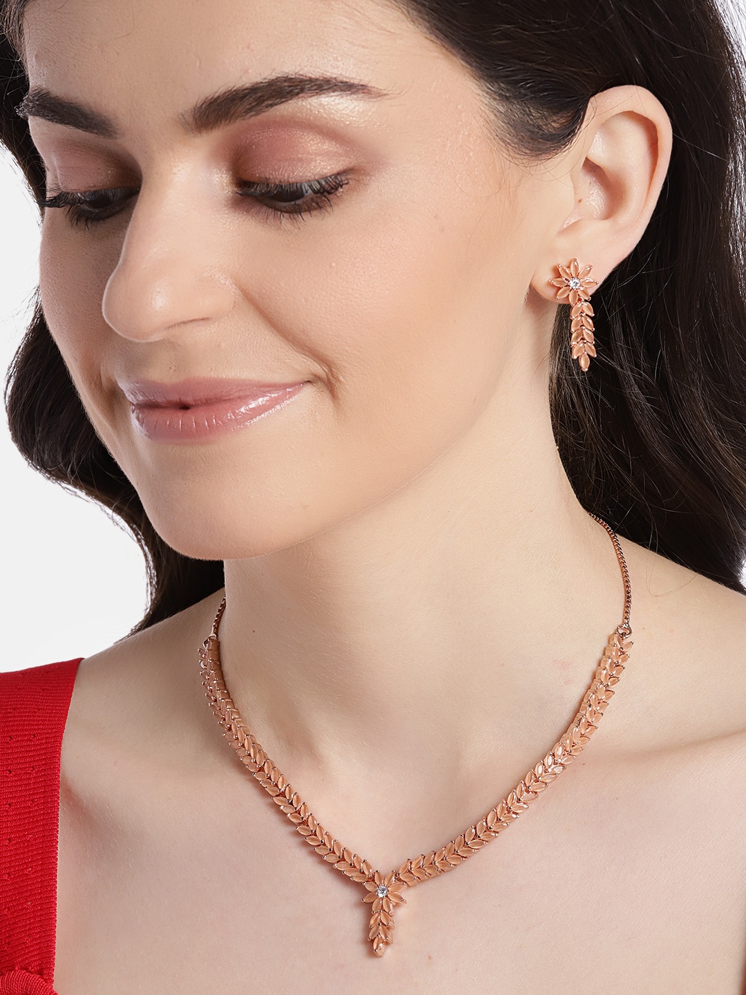 

JEWELS GEHNA Peach-Coloured Rose Gold-Plated AD-Studded Handcrafted Jewellery Set