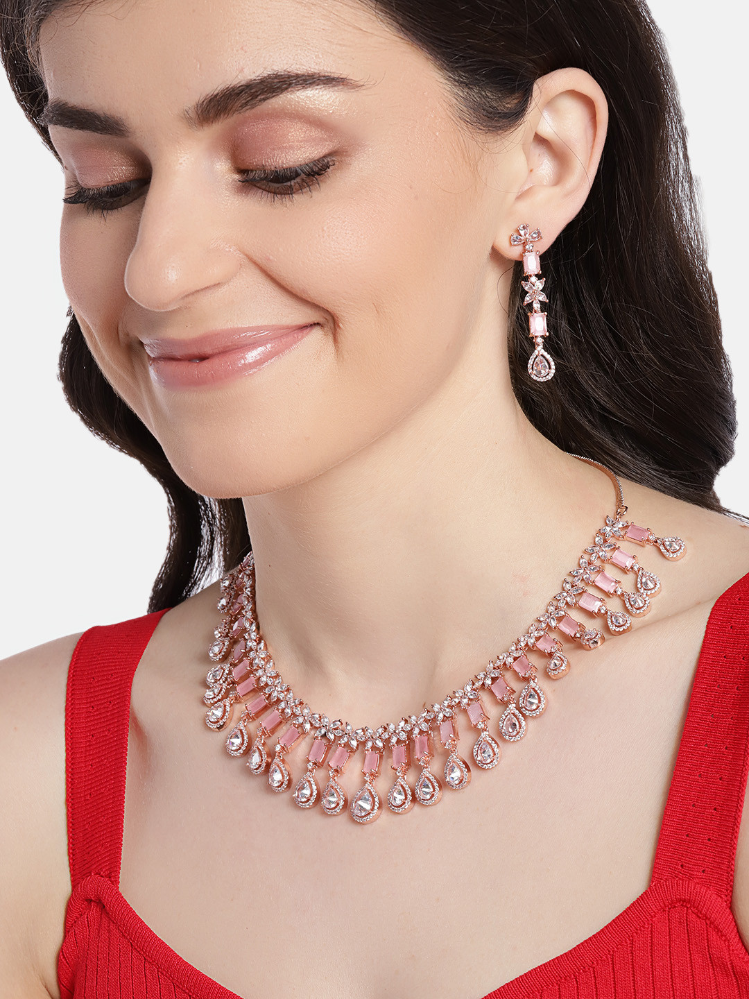 

JEWELS GEHNA Pink Rose Gold-Plated AD-Studded Handcrafted Jewellery Set