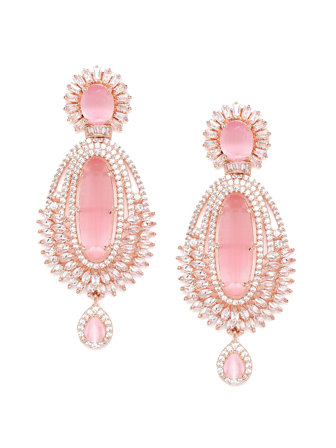 

JEWELS GEHNA Pink Rose Gold-Plated AD Studded Handcrafted Oval Drop Earrings