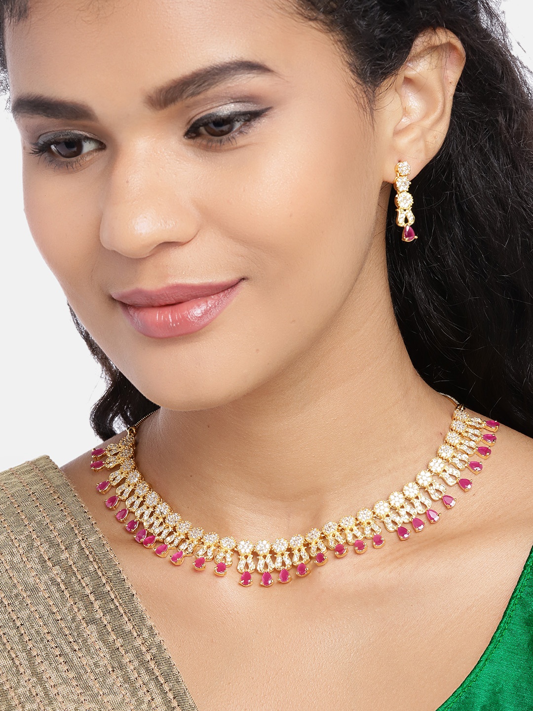 

JEWELS GEHNA Pink Gold-Plated AD-Studded Handcrafted Jewellery Set