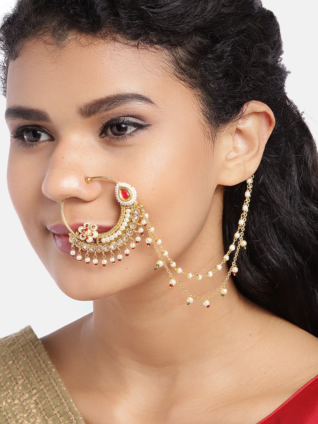 

JEWELS GEHNA Red & Off-White Gold-Plated CZ-Studded & Beaded Chained Nose Ring