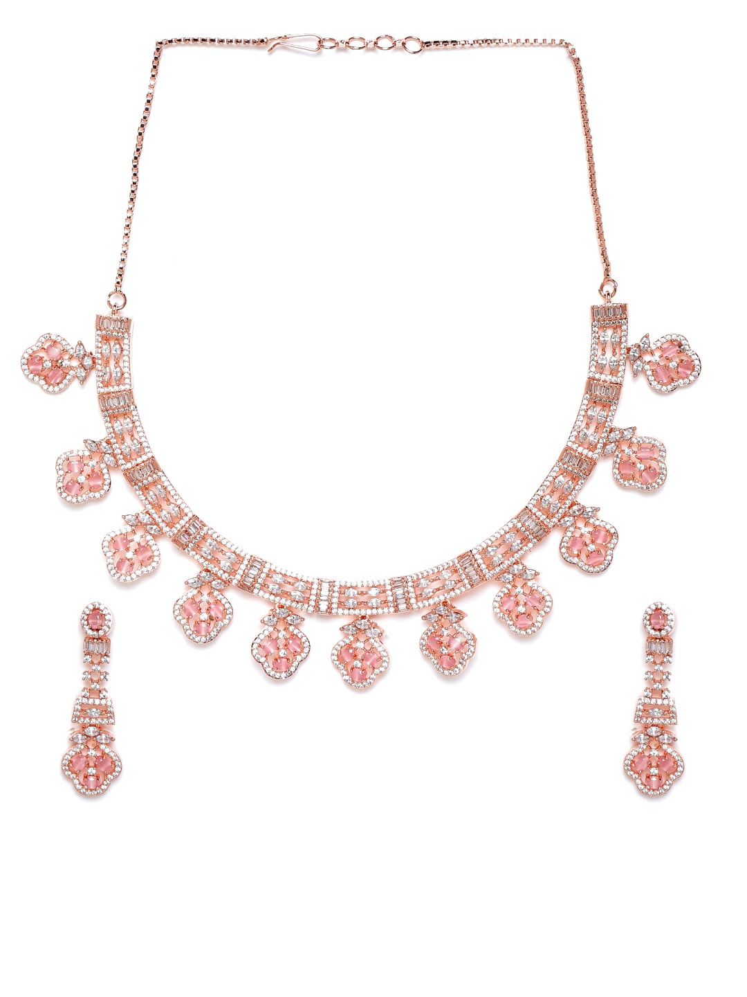 

JEWELS GEHNA Pink Rose Gold-Plated American Diamond-Studded Handcrafted Jewellery Set