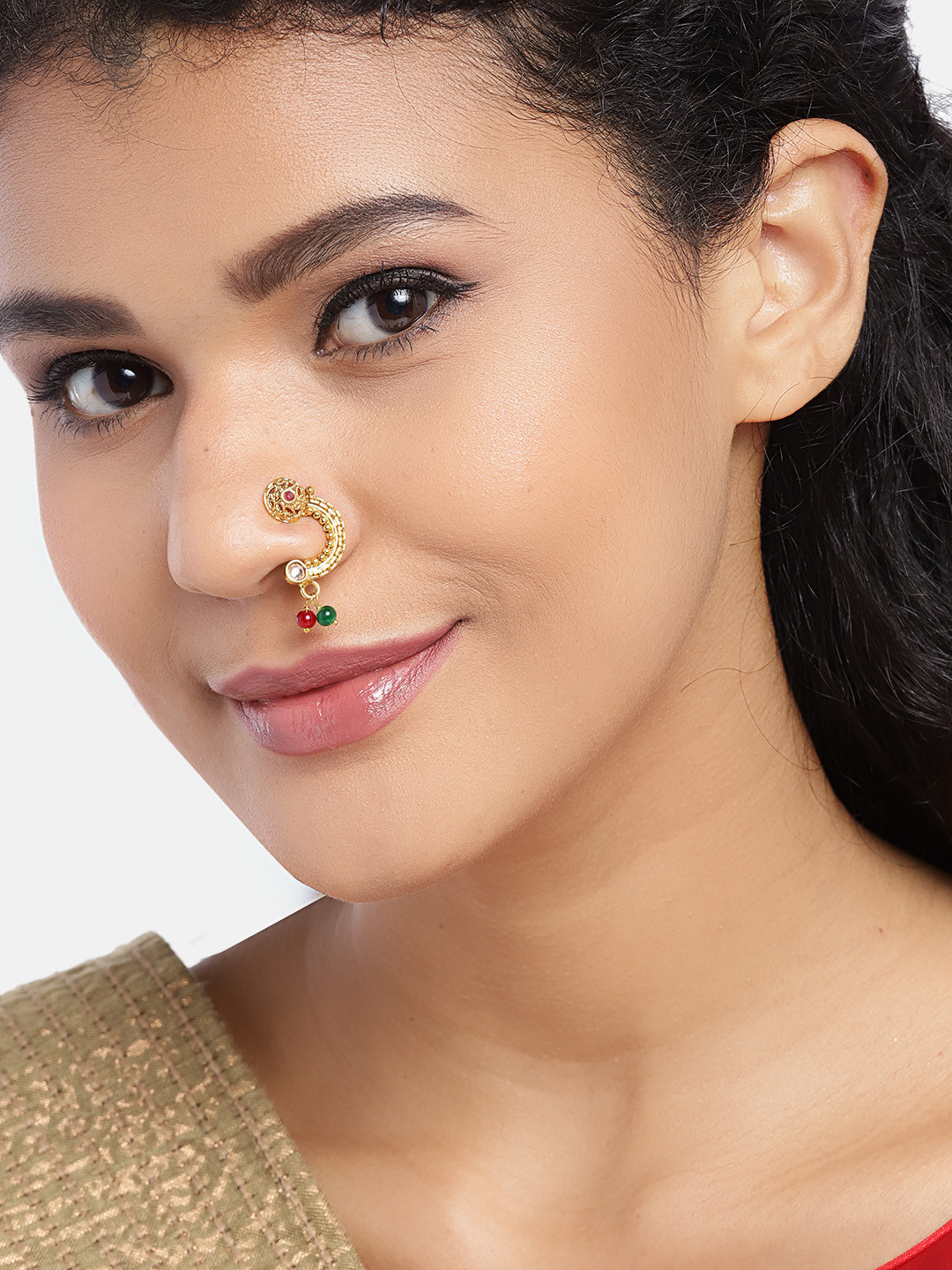 

JEWELS GEHNA Maroon Antique Gold-Plated CZ-Studded & Beaded Maharashtrian Nose Pin