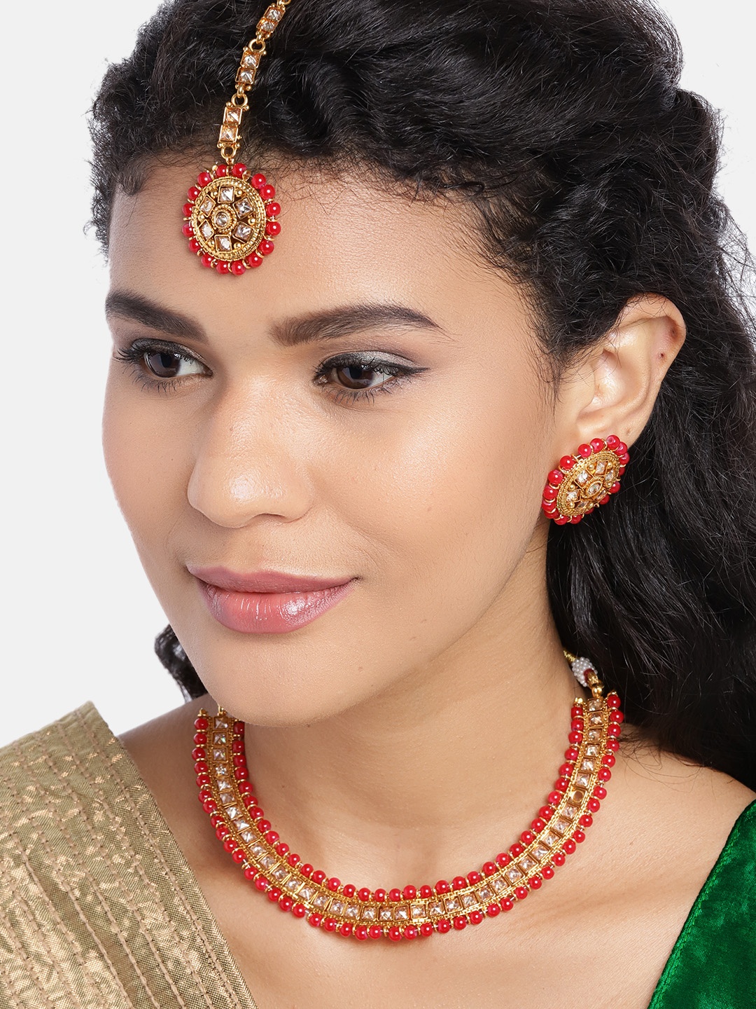 

JEWELS GEHNA Red Gold Plated CZ Studded & Beaded Jewellery Set