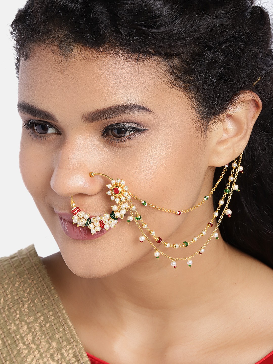 

JEWELS GEHNA Red & Green Gold-Plated CZ-Studded & Beaded Chained Nose Ring