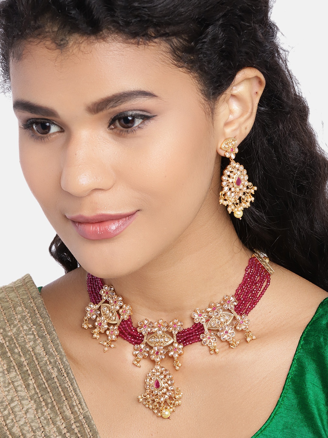 

Jewels Gehna Pink Gold Plated Stone Studded & Beaded Jewellery Set