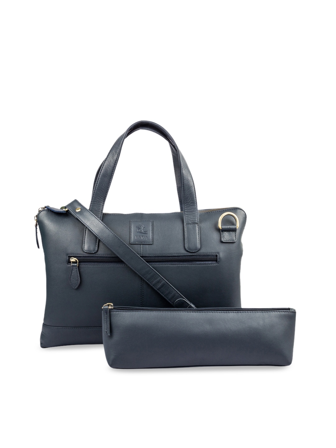 

Kara Unisex Navy Blue Solid Leather Laptop Sleeve with Pouch