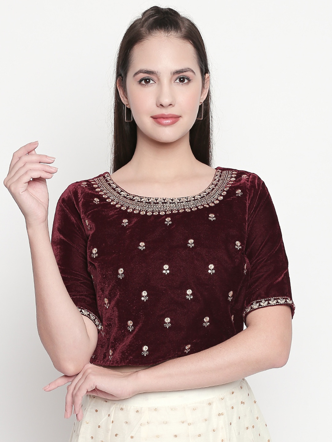 

AKKRITI BY PANTALOONS Women Marron & Gold Embellished Pure Cotton Top, Maroon