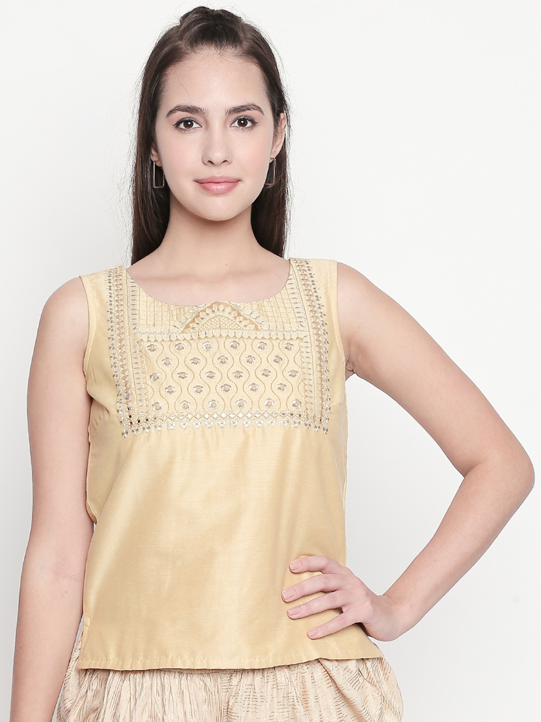 

AKKRITI BY PANTALOONS Women Gold-Toned Embroidered Top