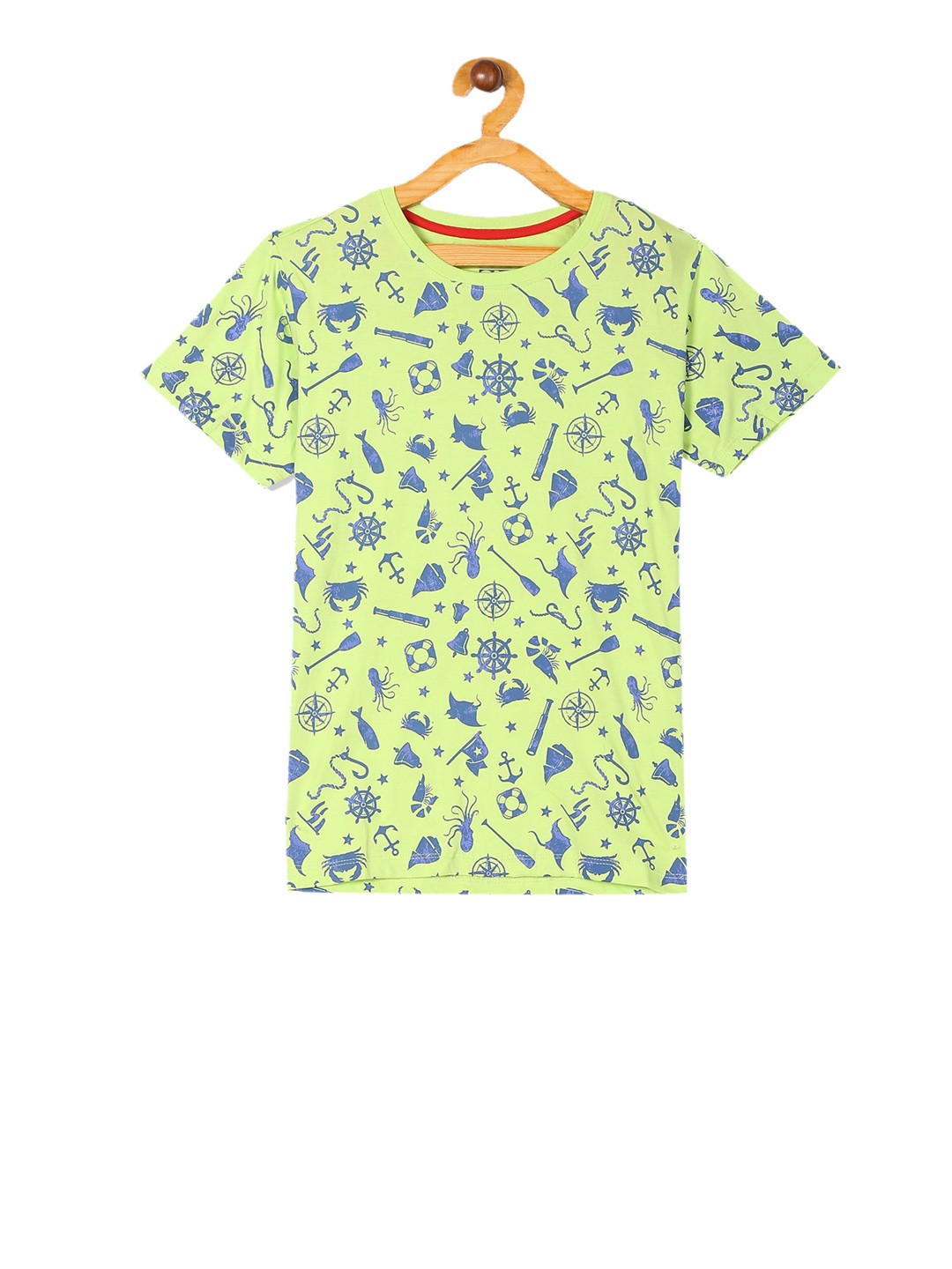

Flying Machine Boys Green Blue Printed Round Neck Pure Cotton T-shirt