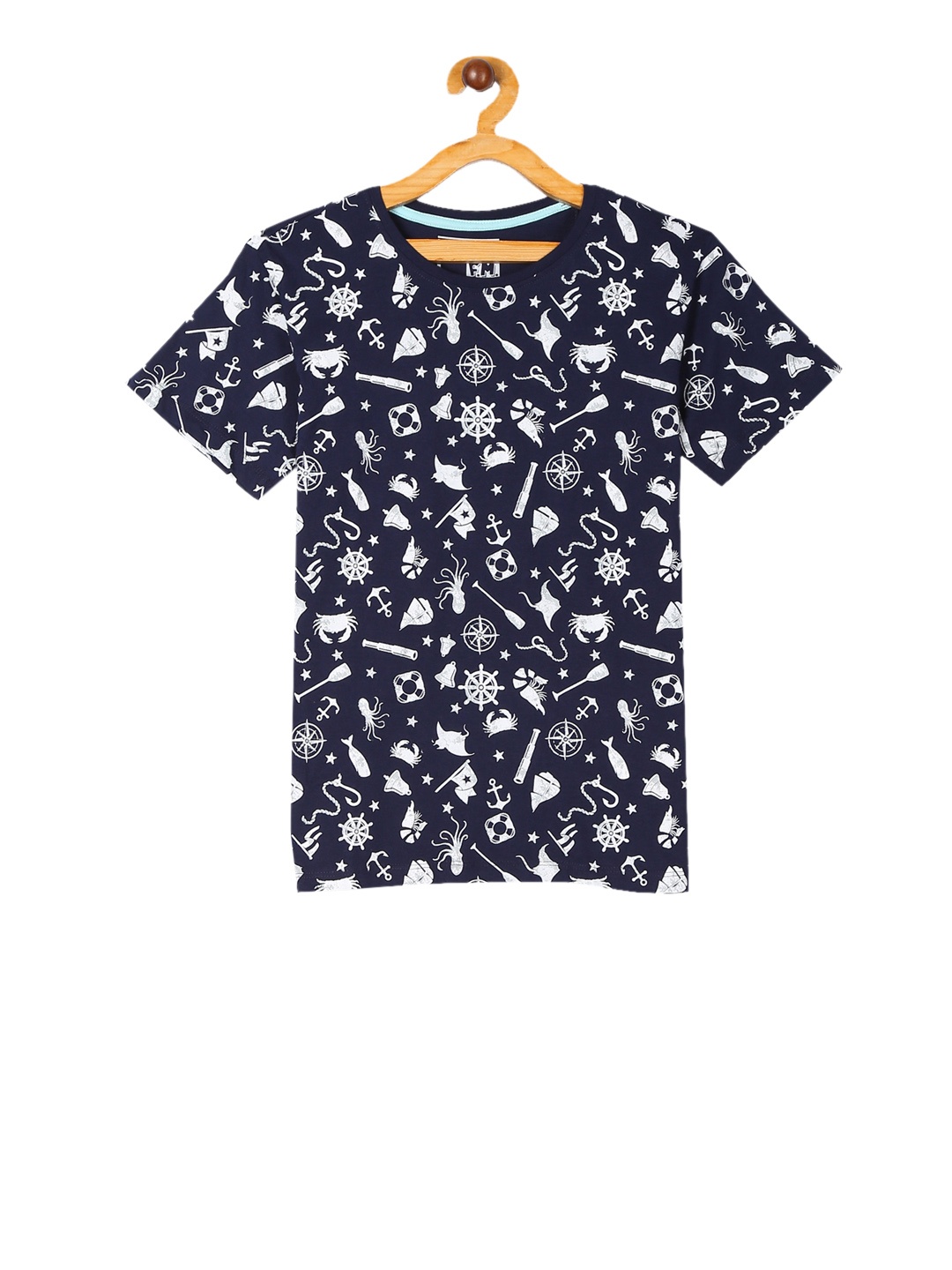 

Flying Machine Boys Blue White Printed Round Neck Pure Cotton T-shirt