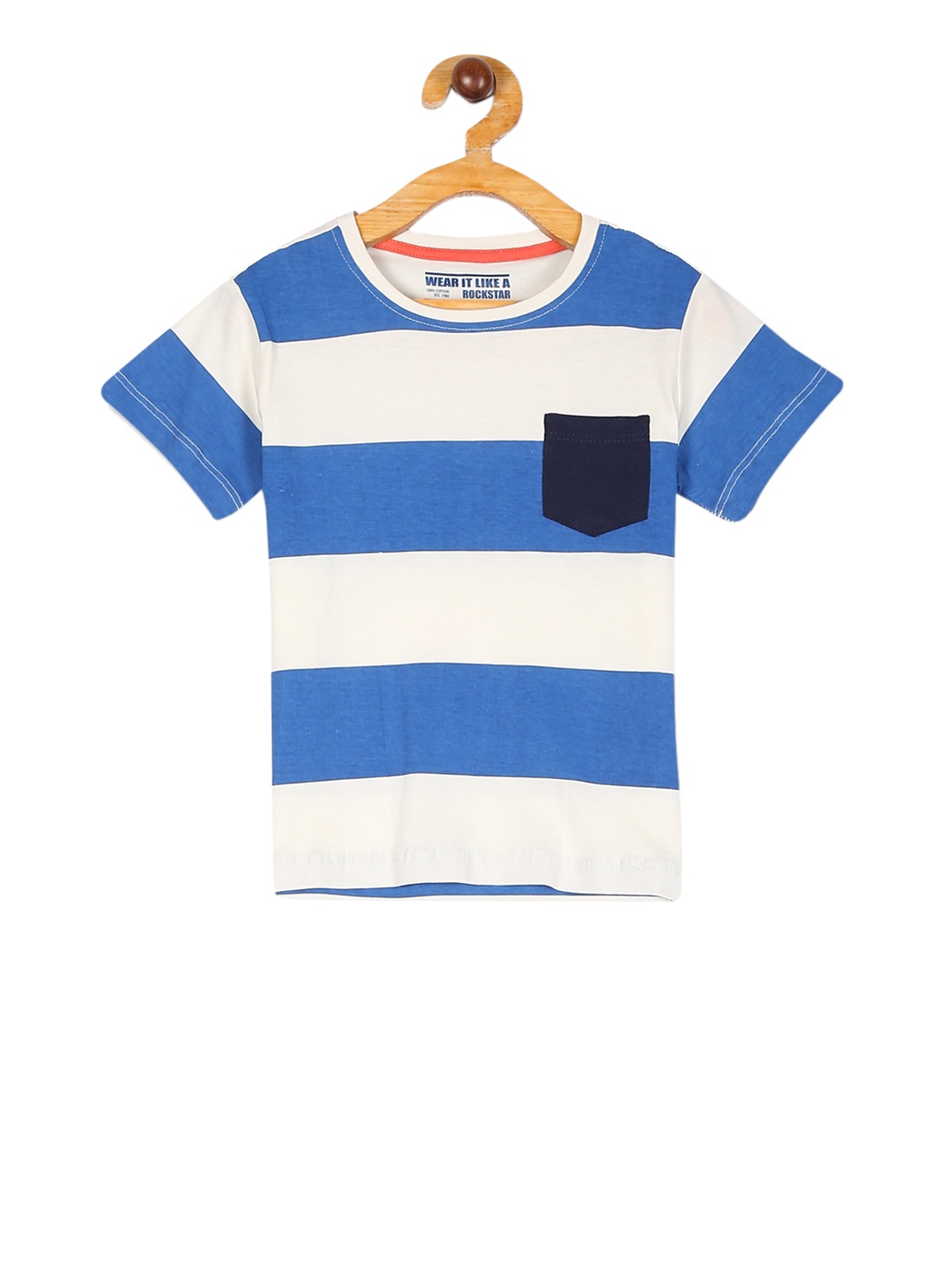

Flying Machine Boys White Striped Blue Round Neck Pure Cotton T-shirt
