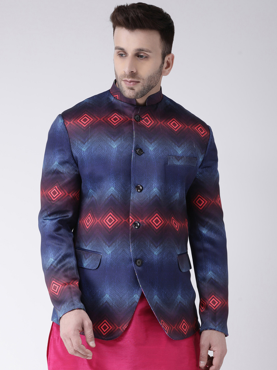 

Hangup Men Navy Blue & Pink Printed Bandhgala Blazer