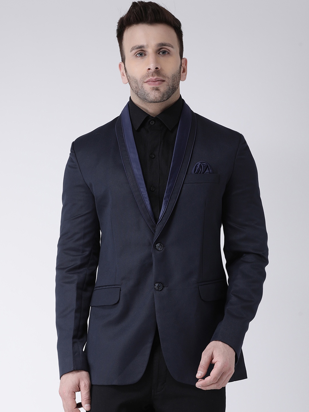 

Hangup Men Navy Blue Solid Single-Breasted Party Blazer