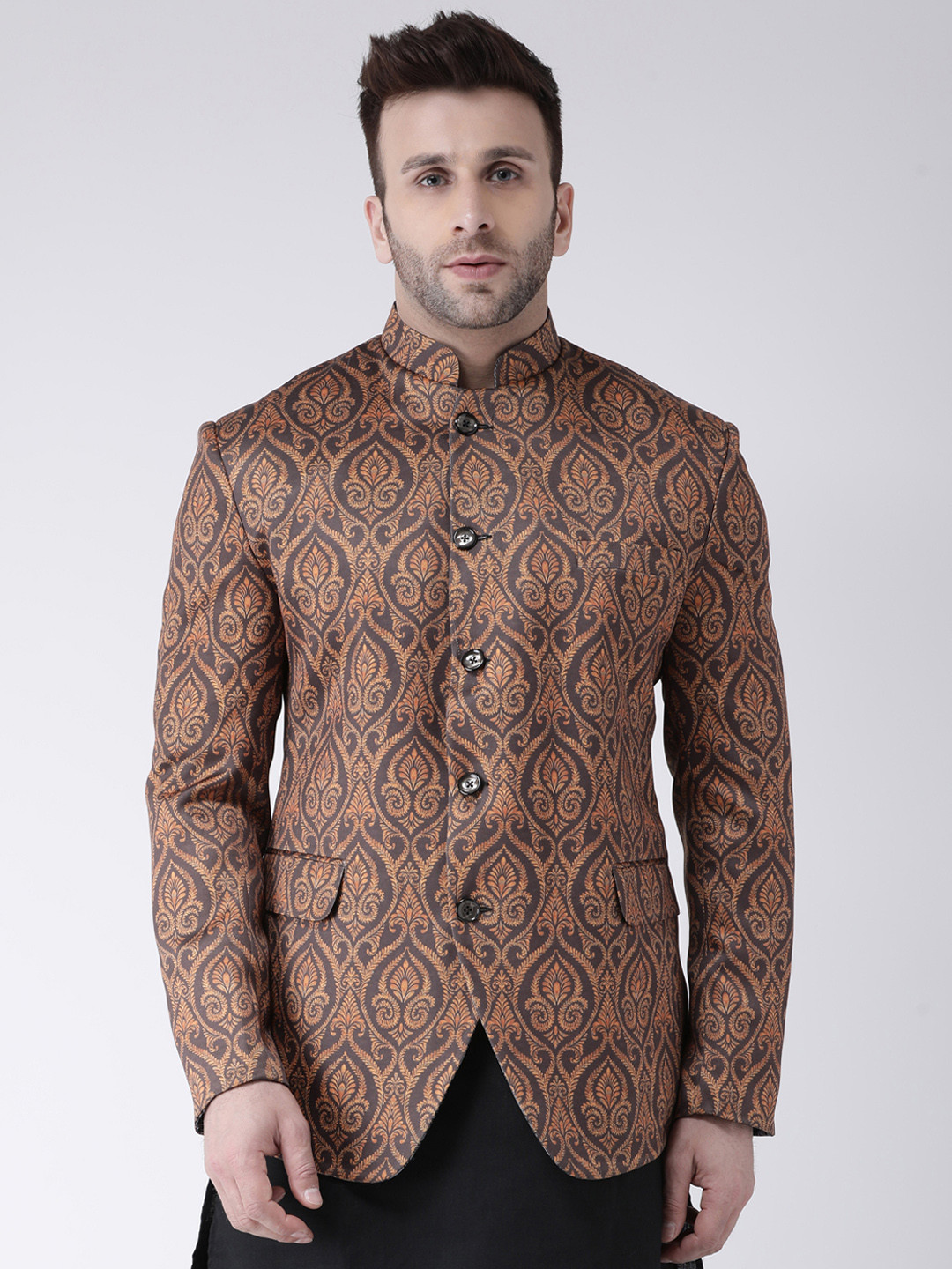 

Hangup Men Brown Printed Regular Fit Mandarin Collar Blazer