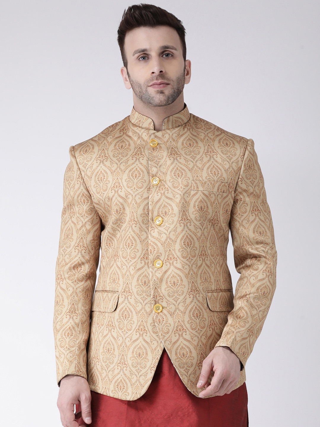 

Hangup Men Beige Printed Bandhgala Blazer