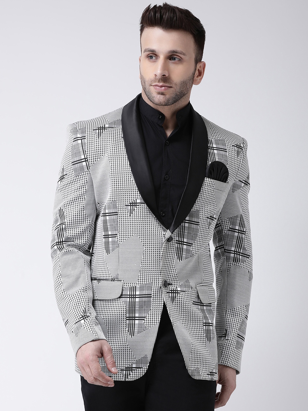 

Hangup Men Grey & White Self-Design Tuxedo Pure Cotton Blazer