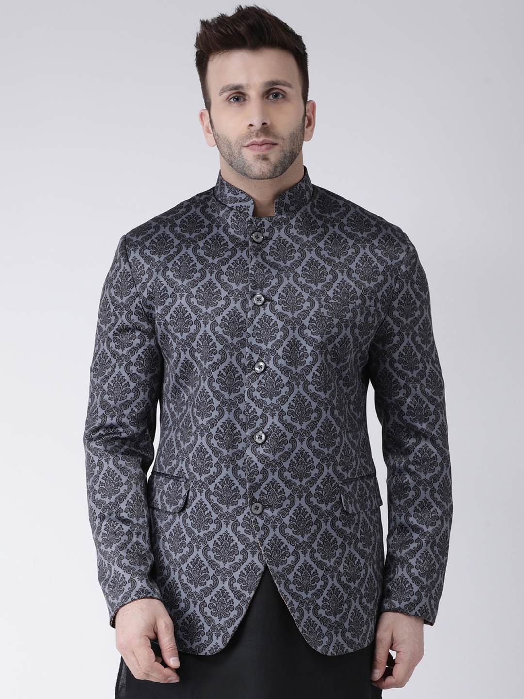 

Hangup Men Black Printed Single-Breasted Blazer, Grey