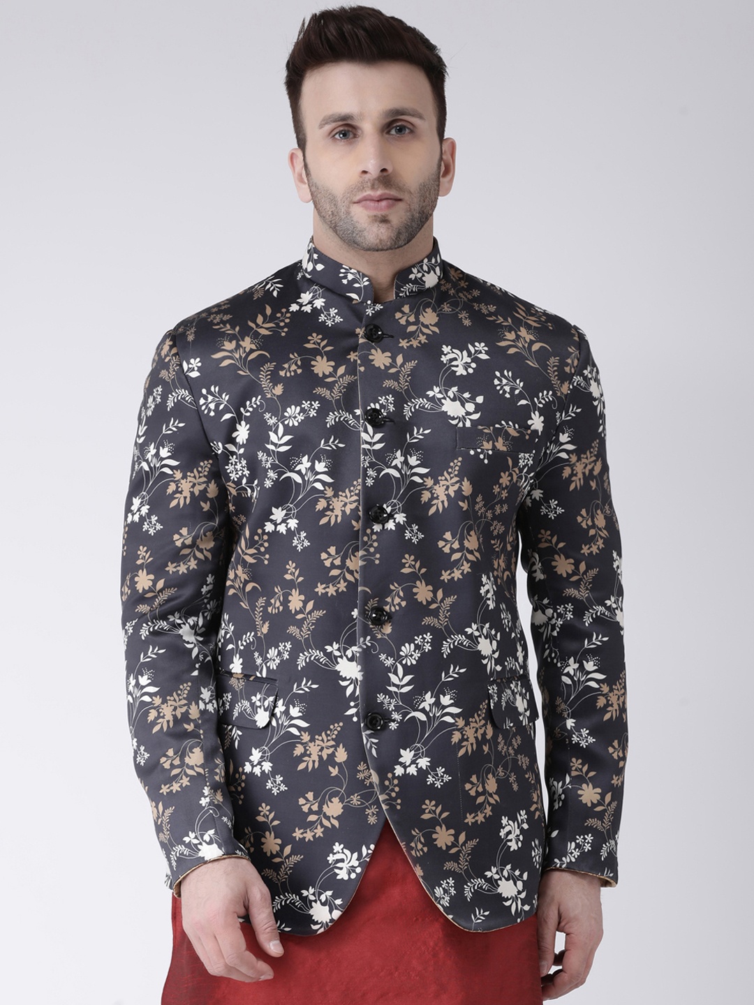 

Hangup Men Black & Beige Floral Printed Bandhgala Blazer