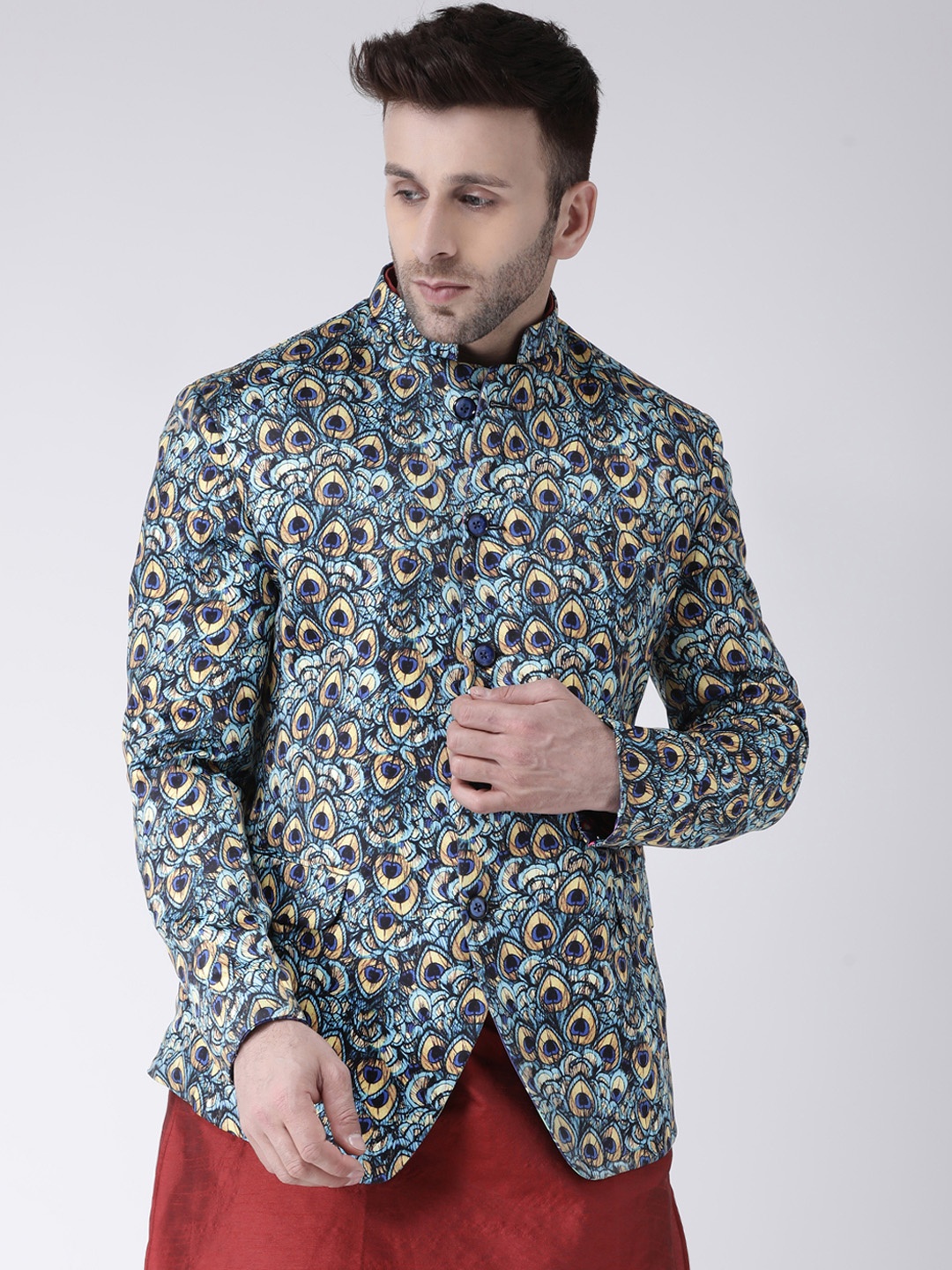 

Hangup Men Blue & Black Printed Bandhgala Blazer