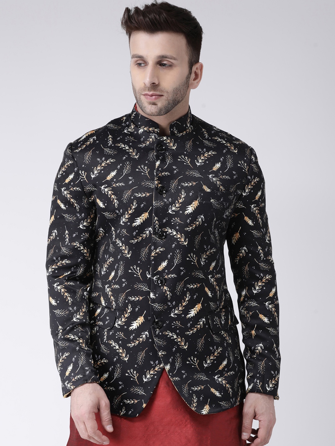 

Hangup Men Black & White Printed Bandhgala Blazer