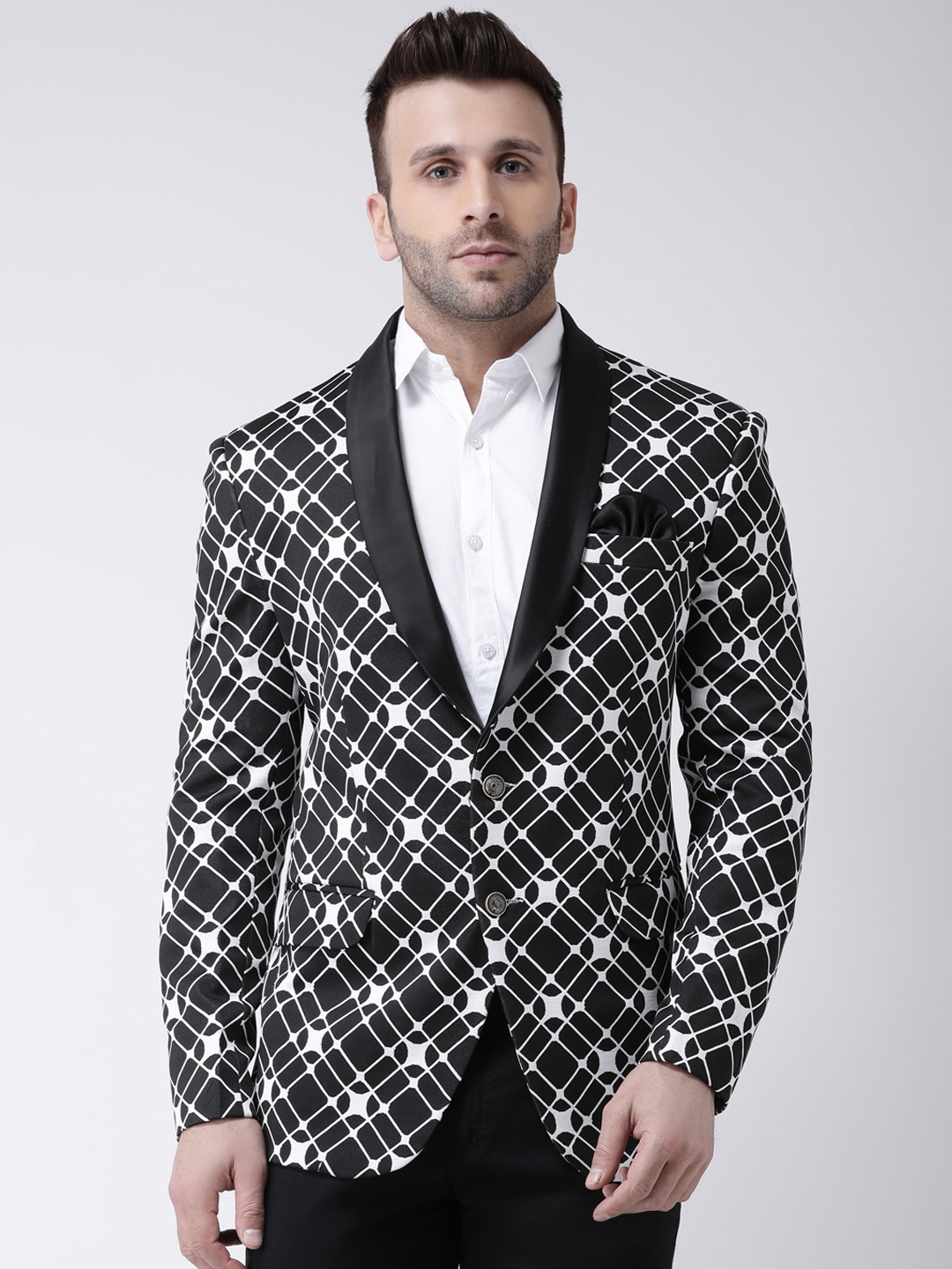 

Hangup Men Black & White Printed Party Pure Cotton Blazer