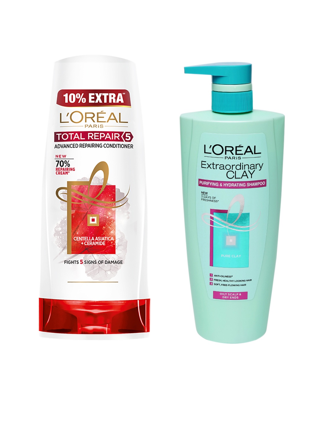 

LOreal Set Of Extraordinary Clay Shampoo & Total Repair 5 Hair Conditioner, Green