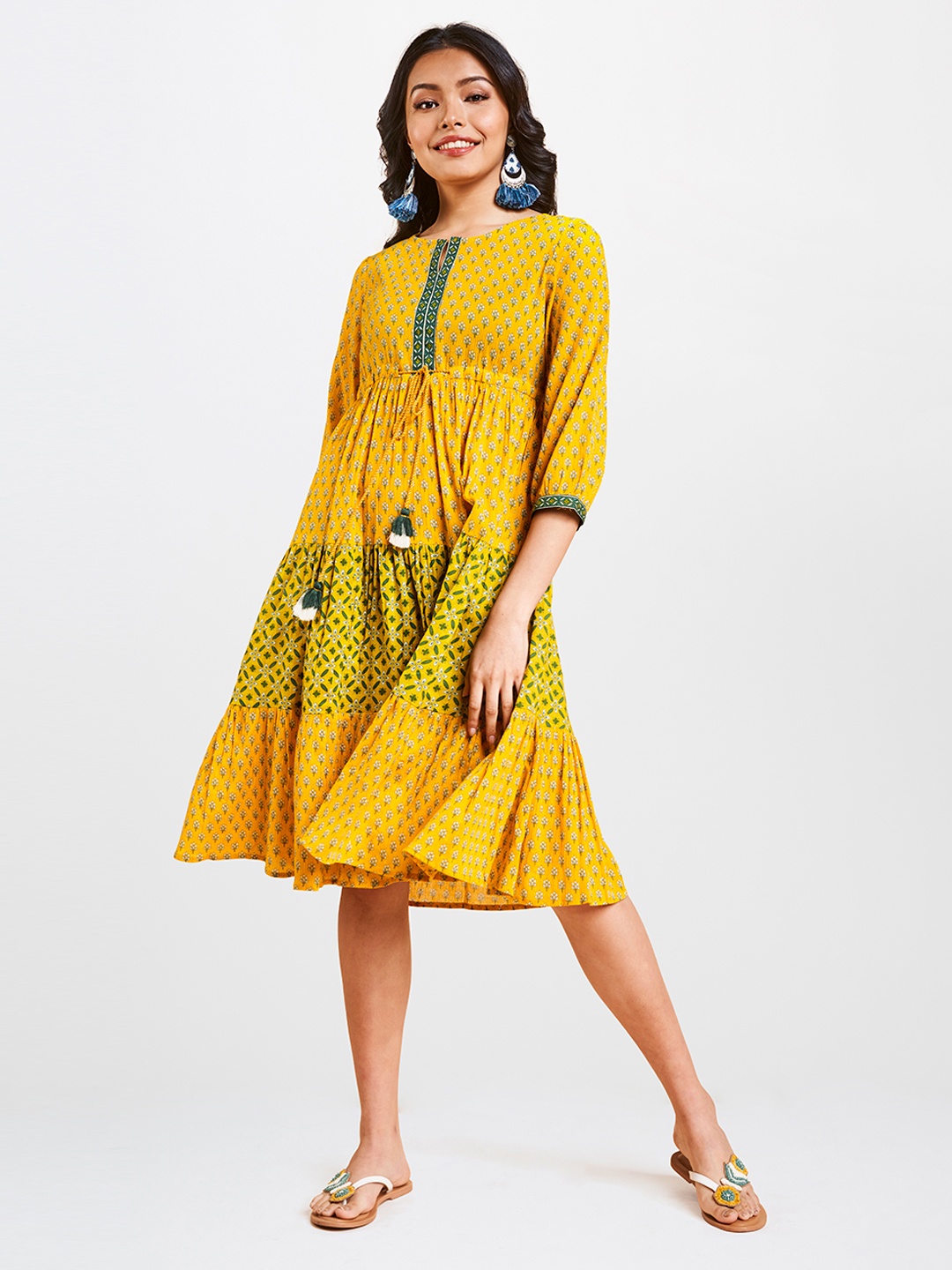 

Global Desi Women Mustard Printed Empire Dress