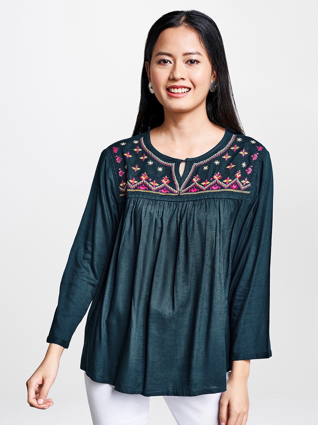 

Global Desi Women Teal Blue Embroidered Regular Top with Gathered Detail