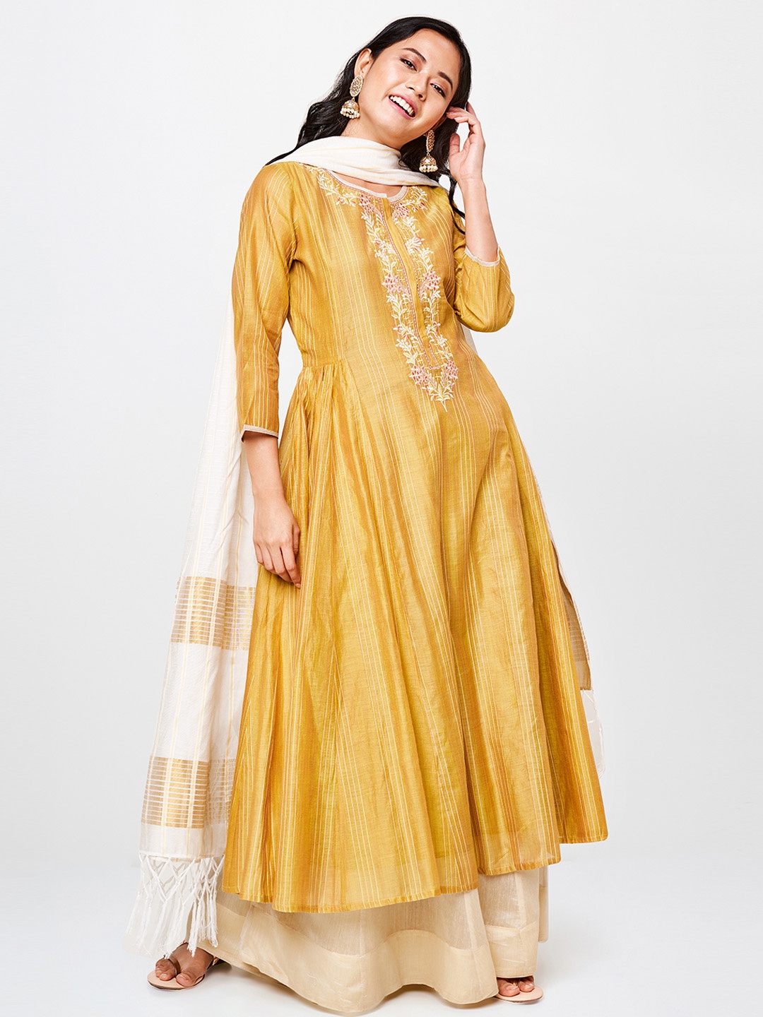 

Global Desi Women Golden & Beige Striped Yoke Design A-Line Kurta, Gold